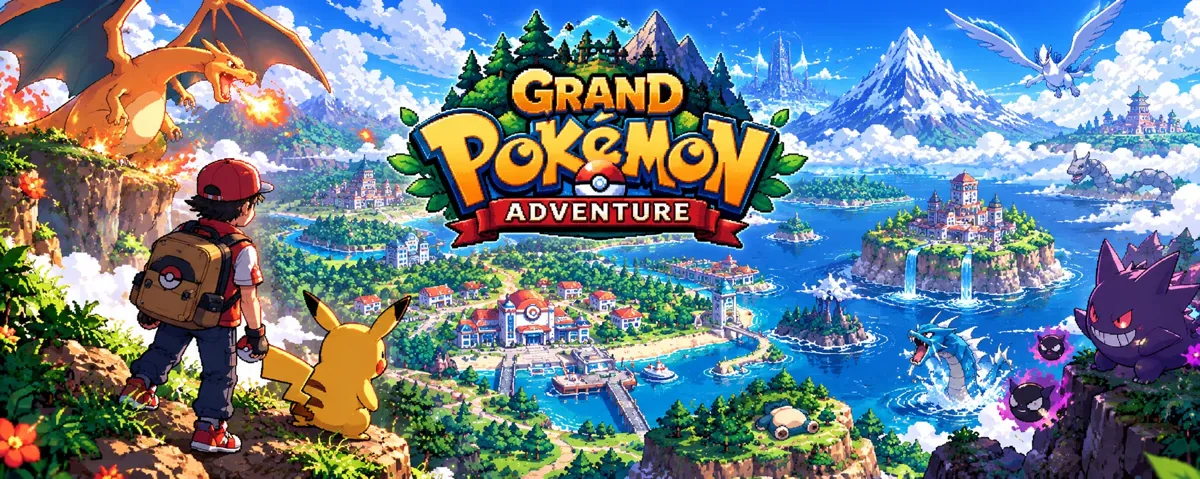Um treinador e um Pikachu olham o mundo do alto de um penhasco, com Charizard, Lugia, Gyarados e Gengar ao redor do logo do jogo
