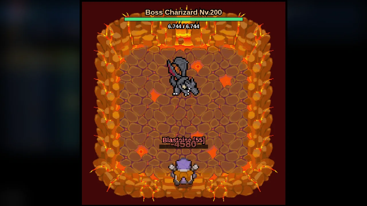 Arena de lava con el Jefe Charizard de nivel 200 y el Blastoise del jugador
