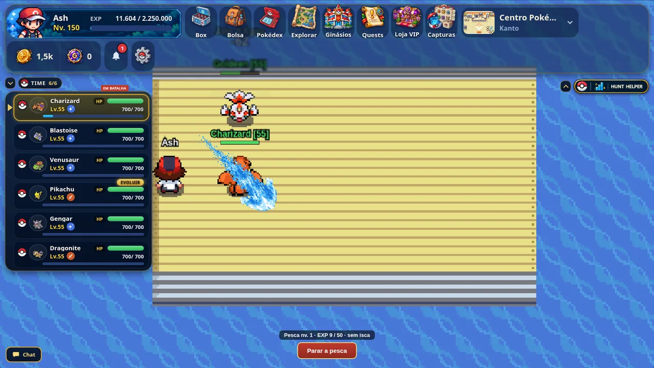 Muelle de pesca sobre el agua, con Charizard usando un ataque de agua contra un Goldeen