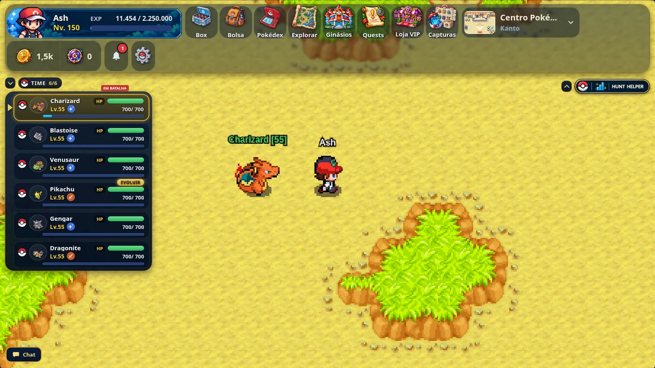 Entrenador y Charizard en campo, con el equipo de seis Pokémon en el lateral